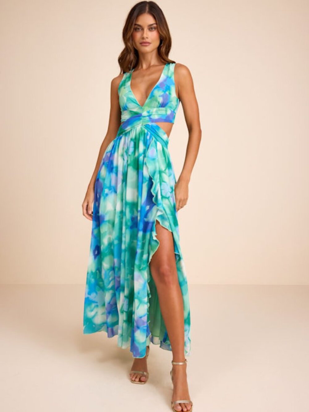 Lulus Elisanna Teal Multi Floral Lace-up Midi Dress Green - Size M